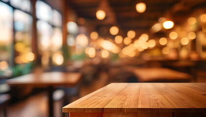 Wooden table in a blurred cafe interior with warm lighting and bokeh