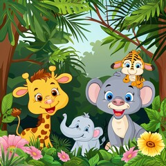 Adorable Baby Animals in Lush Jungle Setting Giraffe Elephant Tiger Cub and Elephant
