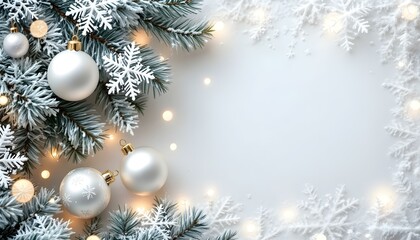 Obraz premium White Christmas background with spruce frosty brunches and Christmas lights. Shiny snowflake hanging on spruce brunch. winter christmas background
