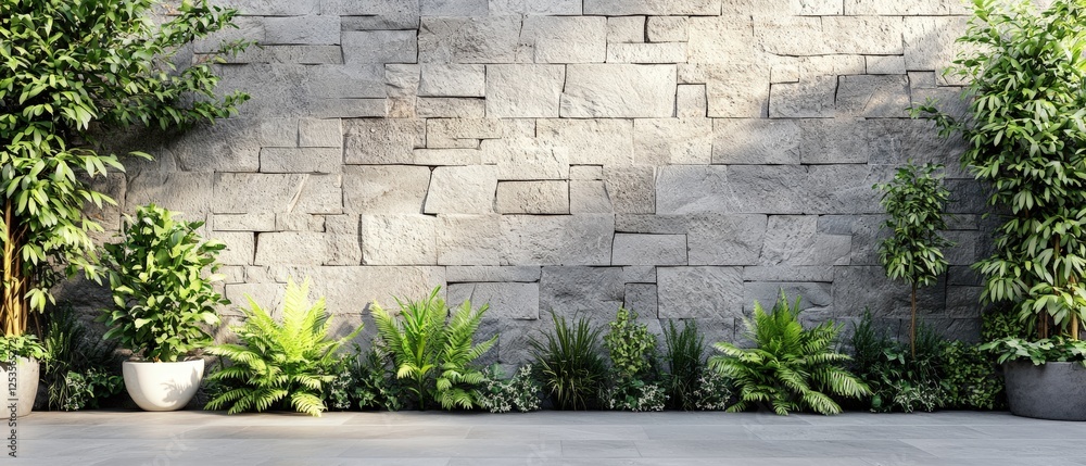 Poster light gray stone wall with random tile pattern surrounded by lush greenery and decorative planters