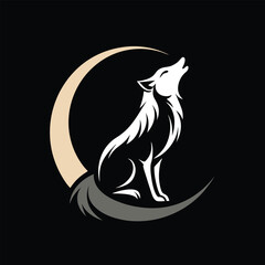 Wolf and Moon Crest Vector Illustration – Elegant Howling Wolf with Crescent Moon

