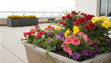 A vibrant display of colorful flowers in a garden planter on the patio, garden decor, charm, planters