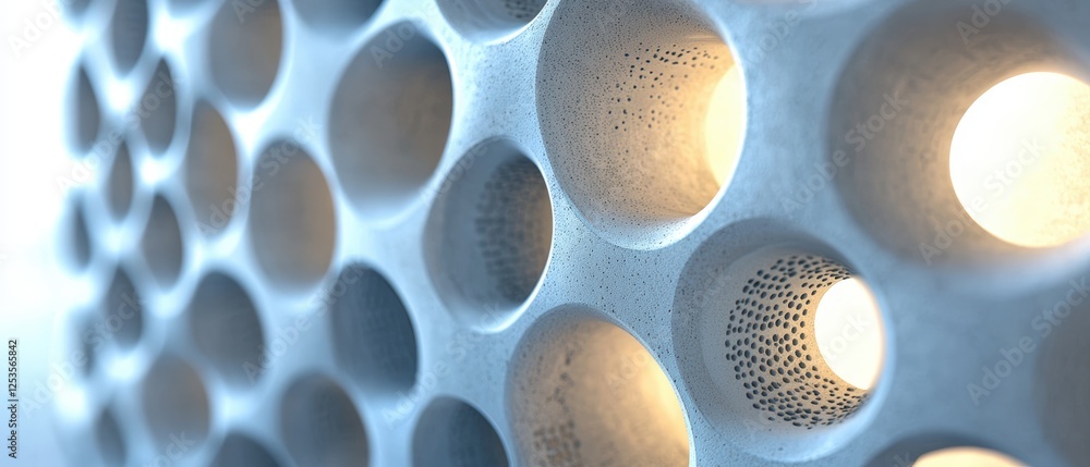 Aufkleber light gray concrete wall with circular perforations and soft light highlighting unique textures and 