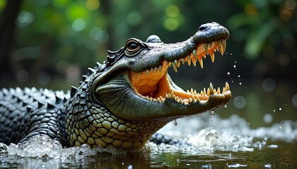 Obraz premium Menacing Crocodile Head Emerging from Dark Tropical Waters