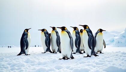 Fototapeta premium King Penguins Standing Together on Snowy Antarctic Landscape