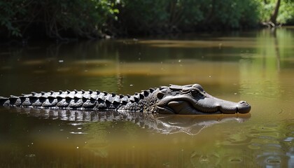 Broad-Snouted Caiman Partially Submerged in Calm Wetland Waters