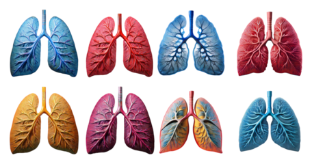 Colorful illustration of human lungs in various artistic styles, isolated on transparent background
