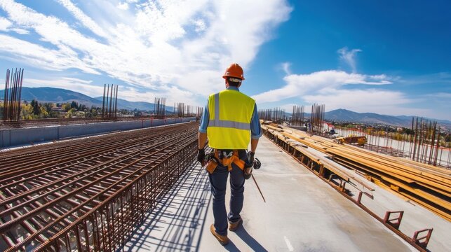 A panoramic perspective of a civil engineer inspecting a newly constructed bridge's structural integrity, Bridge inspection scene, Engineering excellence style