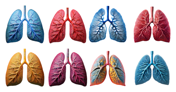 Colorful illustration of human lungs in various artistic styles, isolated on transparent background