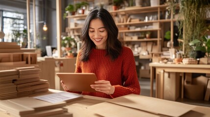 Fototapeta premium Modern image of a smiling patient filling out forms on a tablet