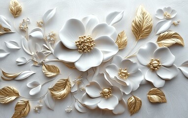 Ornate 3d gold and white floral embossed artwork for luxurious interiors with elegant metallic texture and decorative petals for home and office wall decor