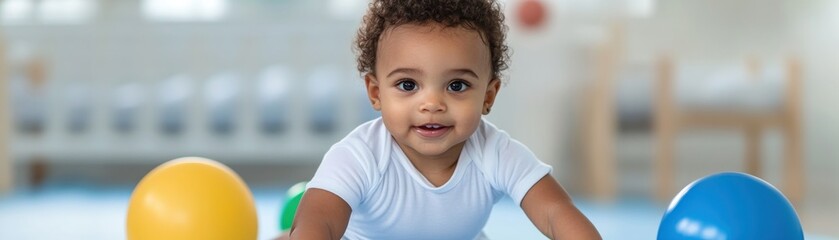 A cute baby with a big smile is crawling on the floor with colored balls around during occupational therapy A therapist nearby may be providing assistance with these sensory exercises Discover the
