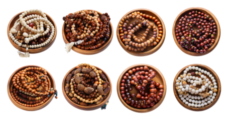 Colorful Wooden Beads and Necklaces in Round Bowls on White Background, isolated on transparent background