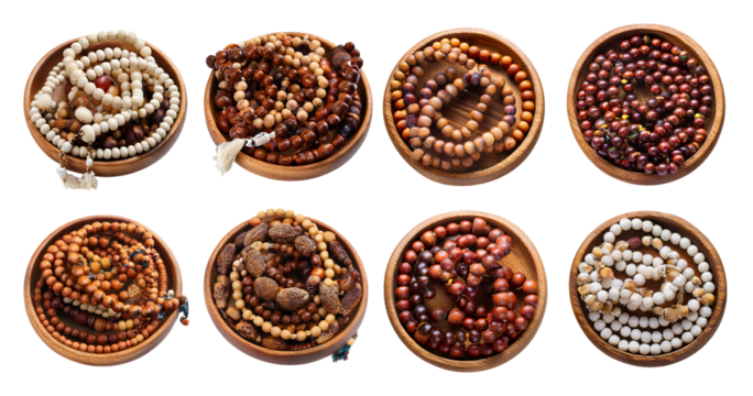 Colorful Wooden Beads and Necklaces in Round Bowls on White Background, isolated on transparent background - Powered by Adobe