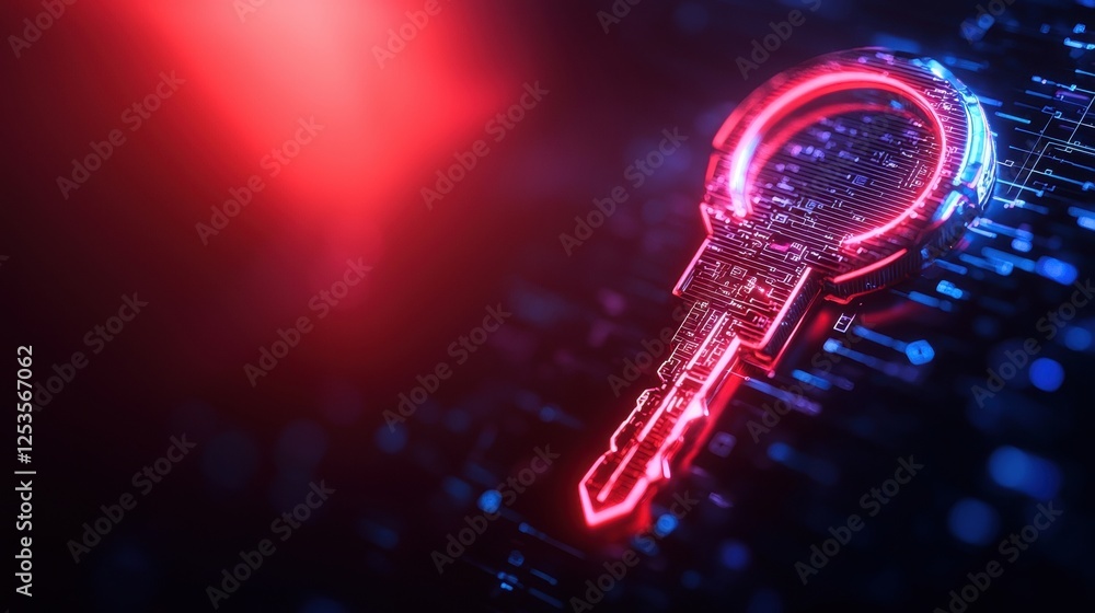 Poster a glowing digital key on a dark background, symbolizing security and technology in a futuristic sett