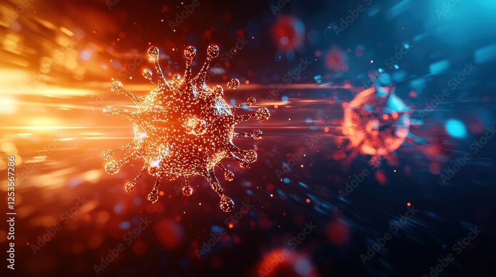 Aufkleber the image depicts a vibrant, abstract representation of virus particles set against a dynamic backgr