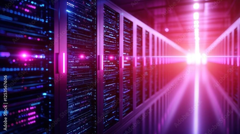 Poster a futuristic data center illuminated by vibrant lights, showcasing rows of servers with a glowing pa