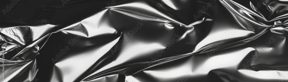 Poster crumpled aluminum foil highlighting deep folds and sharp creases against a bright background