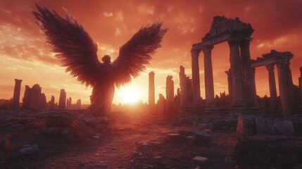 Fototapeta premium A majestic winged figure stands amidst ancient ruins at sunset, evoking a sense of awe.