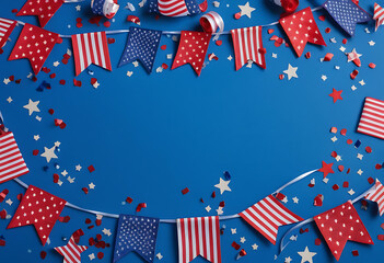 Obraz premium Presidents Day Banner with American Flags, Ribbon, Horizontal Border and Confetti Stars of USA Independence Day, American Labor Day on Blue Background