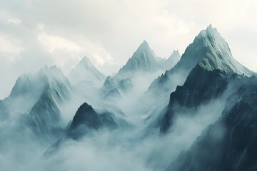 Misty Mountain Peaks Emerging Through Low Clouds Scenery Landscape