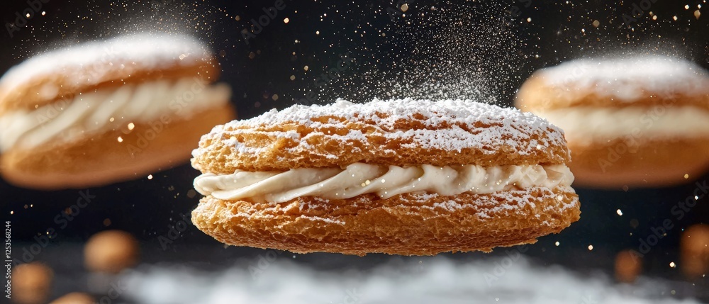 Poster Floating Eclairs with Sparkling Dust Against a Deep Background in a Magical Presenting Scene