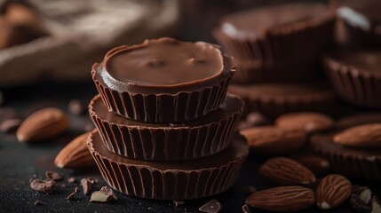 Stack of delicious chocolate almond cups on a dark surface