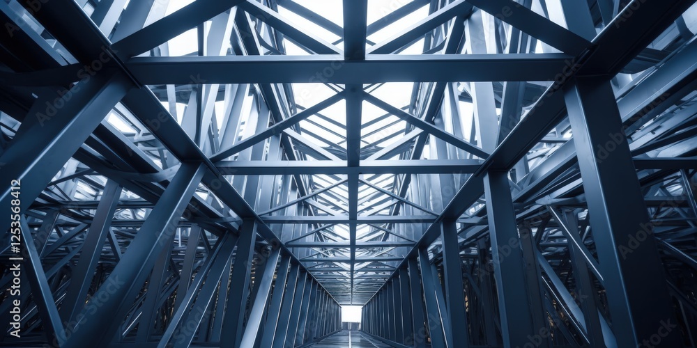 Poster abstract view of steel framework from below in modern construction setting with intricate metal stru