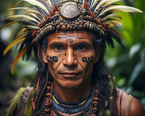 Obraz premium Portrait eines indigenen älteren Mannes mit Kopfschmuck Stammeshäuptling, Indianer, Federschmuck, Generative AI
