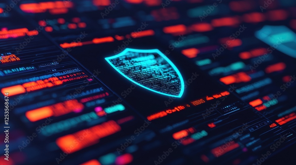 Poster a futuristic digital shield symbolizing cybersecurity amidst a backdrop of glowing binary code and d