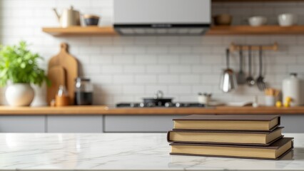 Notebook Stack Mockup, Kitchen setting stack of vintage notebooks on marble counter.