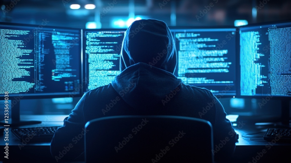 Poster a shadowy figure in a hoodie sits before multiple screens displaying code, immersed in a digital wor