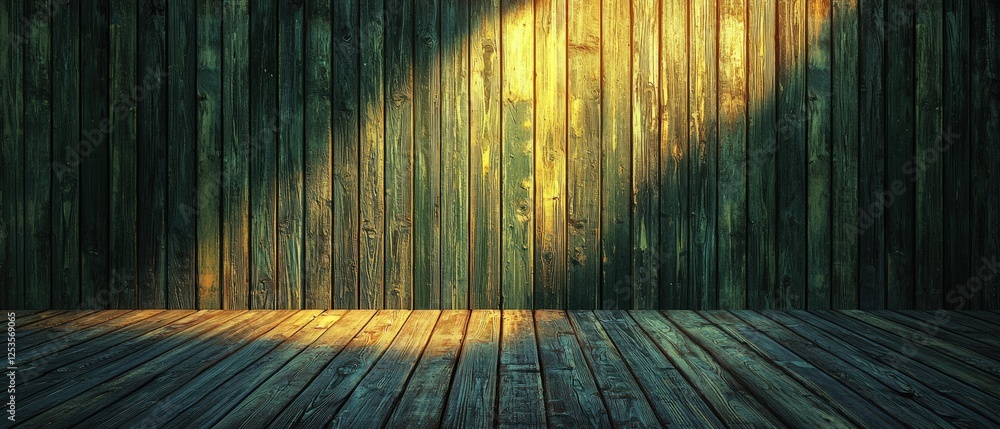 Poster dark green wooden wall with vertical plank pattern illuminated by soft light in a rustic setting