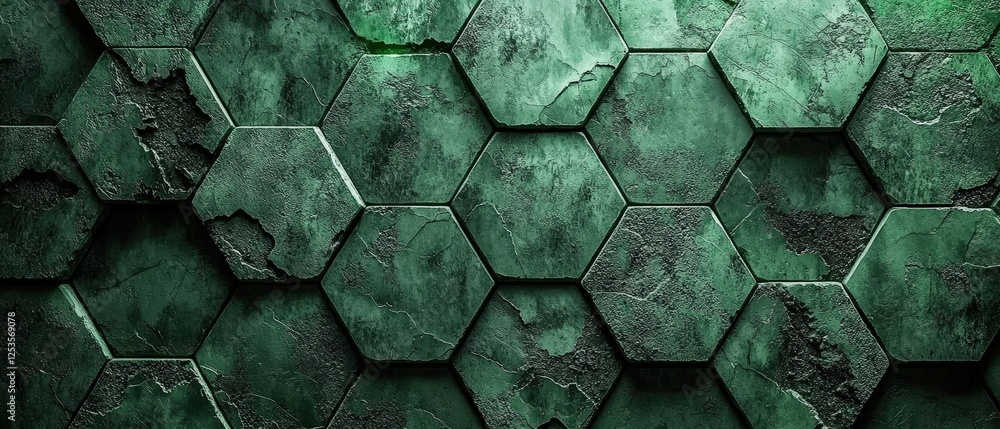 Poster hexagonal patterned dark green concrete wall with textured cracks and variations for modern design e