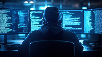 A shadowy figure in a hoodie sits before multiple screens displaying code, immersed in a digital world, suggesting themes of hacking and cybersecurity.