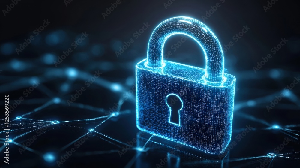 Poster a glowing digital padlock symbolizes cybersecurity and data protection in a networked environment.