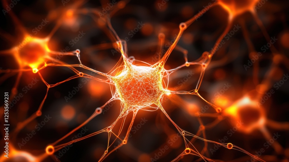 Poster a close-up view of a neuron, showcasing its intricate structure and glowing connections, representin