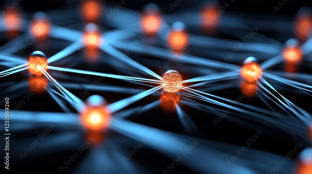 Poster a futuristic digital network of glowing nodes connected by lines, symbolizing technology and communi
