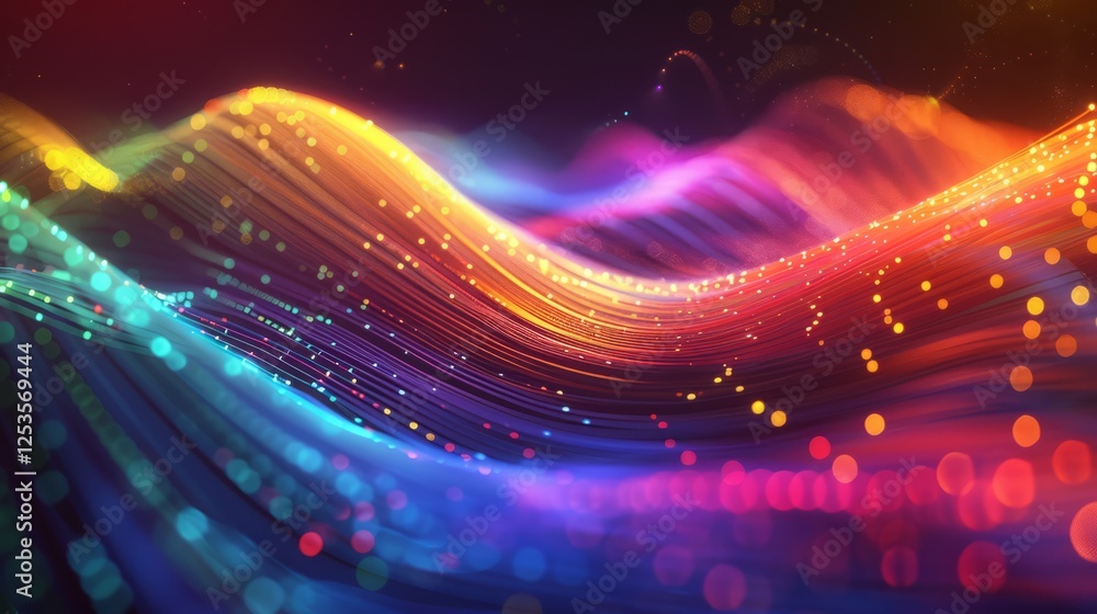 Wall mural abstract colorful particle streams flowing, swirling and glowing against a black background, creatin