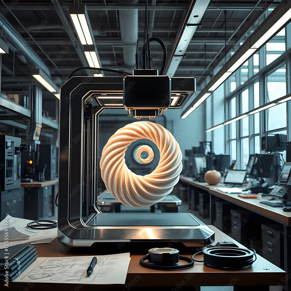 Poster futuristic 3d printer crafting a glowing torus in a high-tech lab, showcasing generative ai