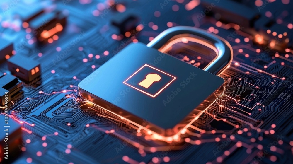 Poster a digital lock symbolizing security and technology, set against a background of intricate circuitry 
