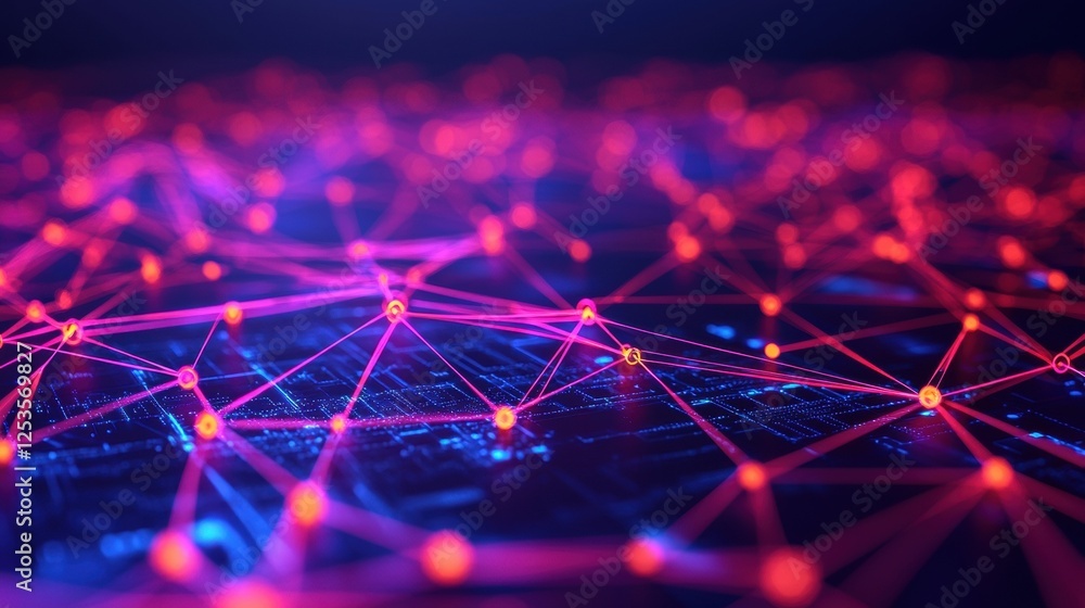 Poster a vibrant network of interconnected nodes illuminated in shades of purple and red, symbolizing techn