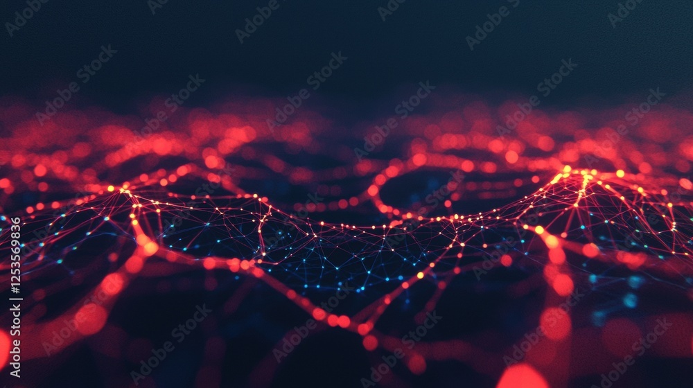 Poster a vibrant, abstract representation of interconnected nodes, showcasing a network of glowing red and 