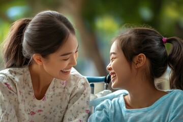Fototapeta premium Discover the transformative power of yoga and relaxation for individuals with intellectual disabilities This image captures a heartwarming moment of a Yoga teacher assisting a woman with an