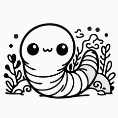 funny cartoon worm sea black and white coloring