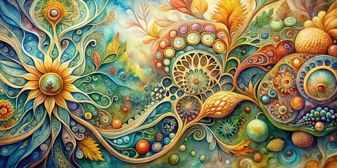 Naklejka premium A watercolor painting with intricate patterns and organic forms, artistic nuance, subtle color gradation, organic form