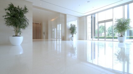 Fototapeta premium Modern building lobby, bright interior, plants, glass doors, daytime