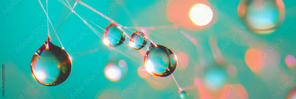 Poster Droplets interconnected by thin threads forming an intricate network against a bright background