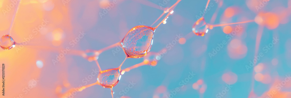 Poster Droplets connected by thin threads creating a complex network on a bright background