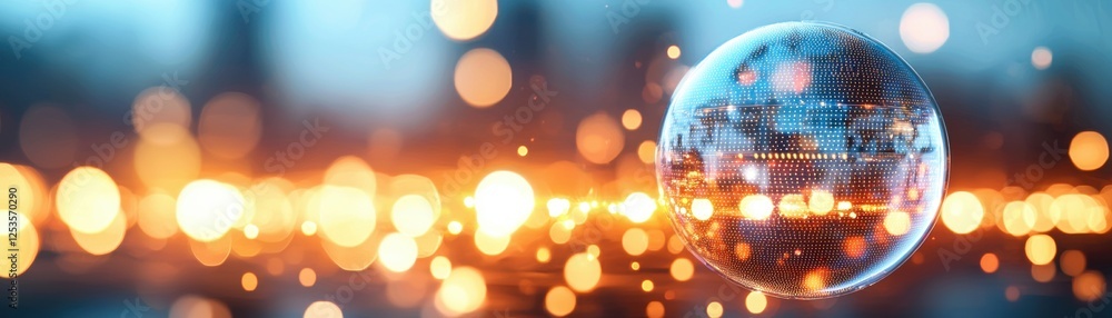 Poster a glowing globe surrounded by warm bokeh lights, representing a digital world interconnected through